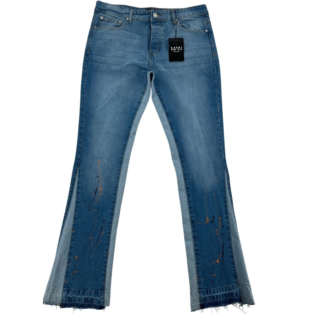 boohooMAN Skinny Paint Splatter Panel Detail Jeans  Button Fly Grunge Mens 36R